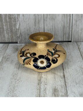Vintage Tonala Jalisca Handpainted Mexican Folk Art Sandstone Pottery Bud Vase